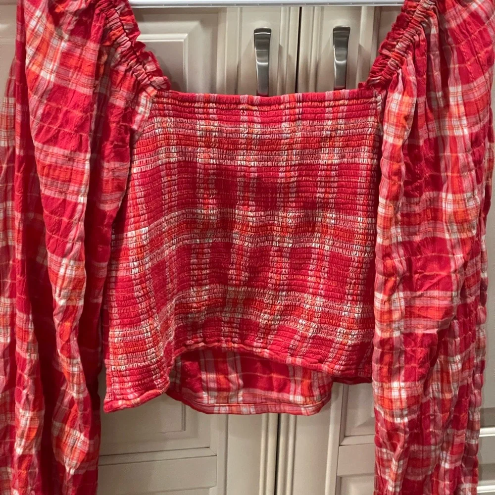 FREE PEOPLE Orange Plaid Top Womens Stretch  Large BOHO Western NEW - Picture 6 of 7